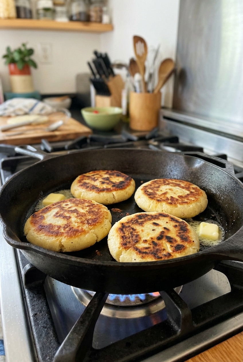 A real photo of arepas browning in a skillet with golden crust forming on the surface