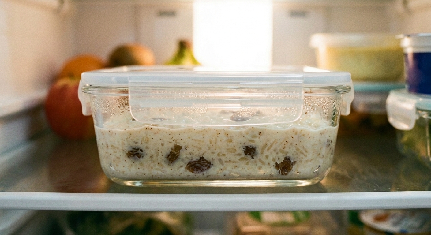 A real photo of arroz con leche stored in a glass meal prep container with a lid on a refrigerator shelf