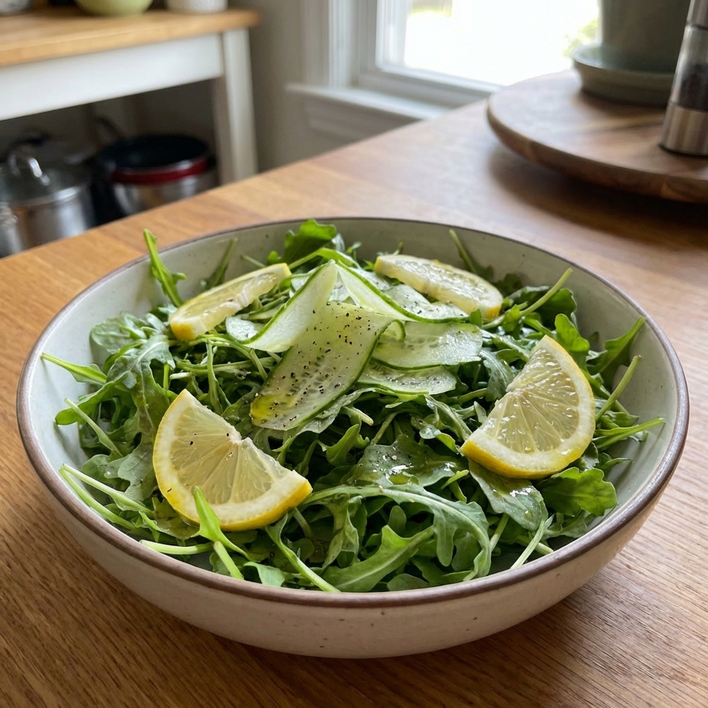 A real photo of arugula salad with lemon wedges and shaved cucumber