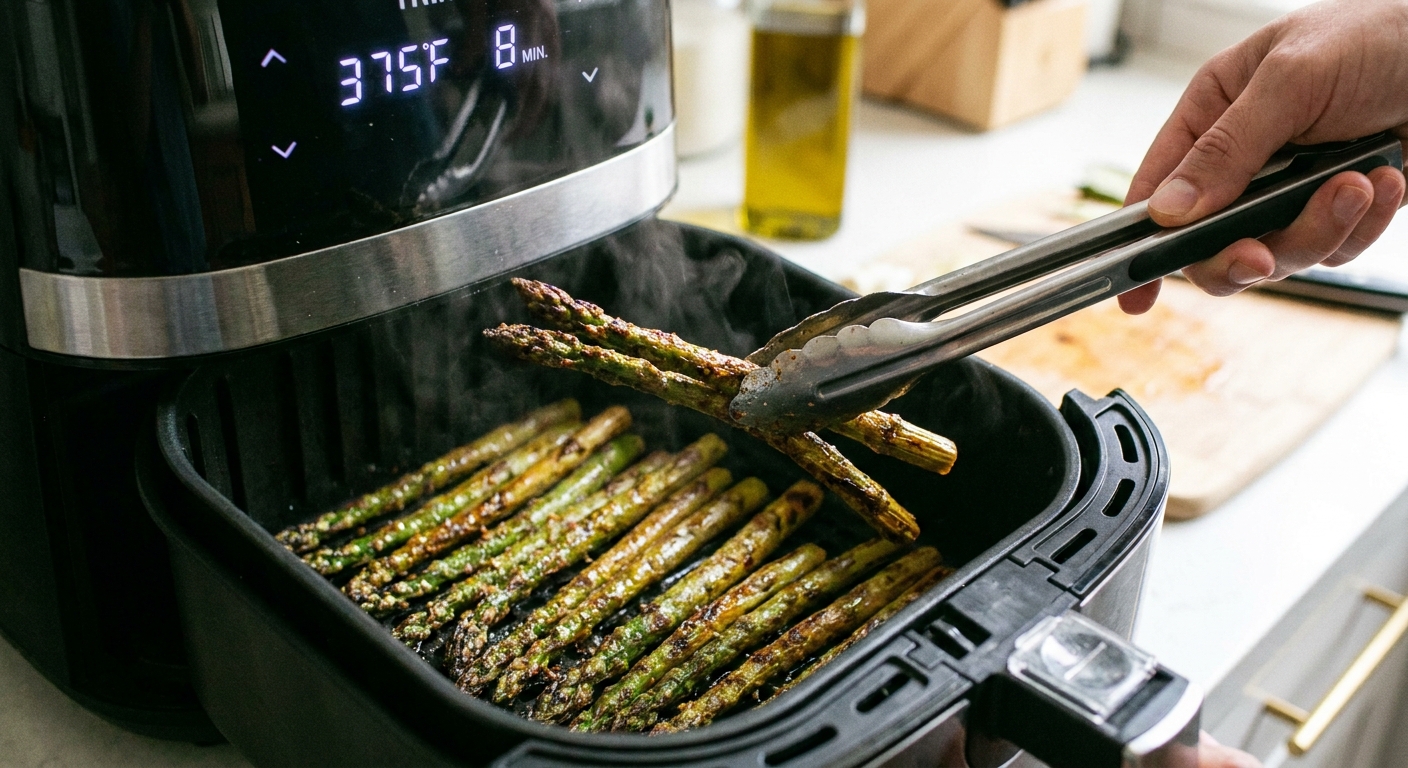 A real photo of asparagus spears in an air fryer basket mid-cook with browned tips and a pair of tongs lifting a spear
