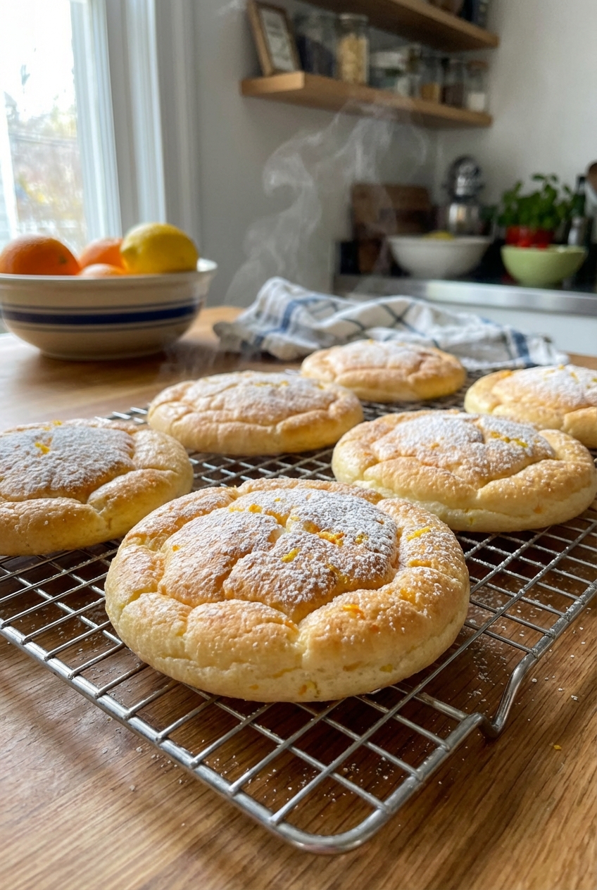 A real photo of baked citrus cloud bread rounds cooling on a wire rack