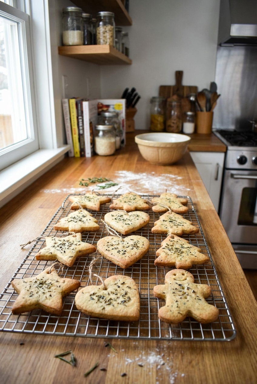 A real photo of baked herb-speckled salt dough ornaments cooling on a wire rack in a home kitchen
