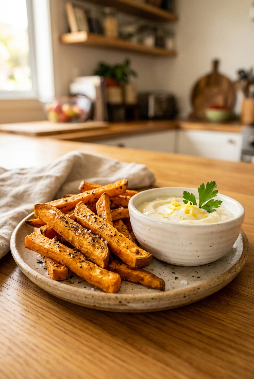 A real photo of baked kumara fries on a serving plate with a small bowl of garlic lemon dip