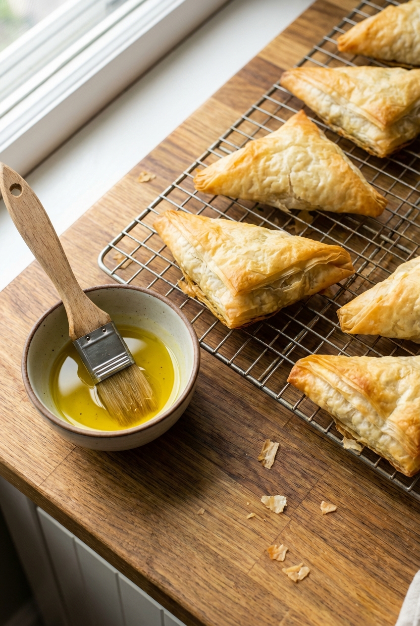 A real photo of baked phyllo triangles cooling on a wire rack with a pastry brush and olive oil bowl nearby