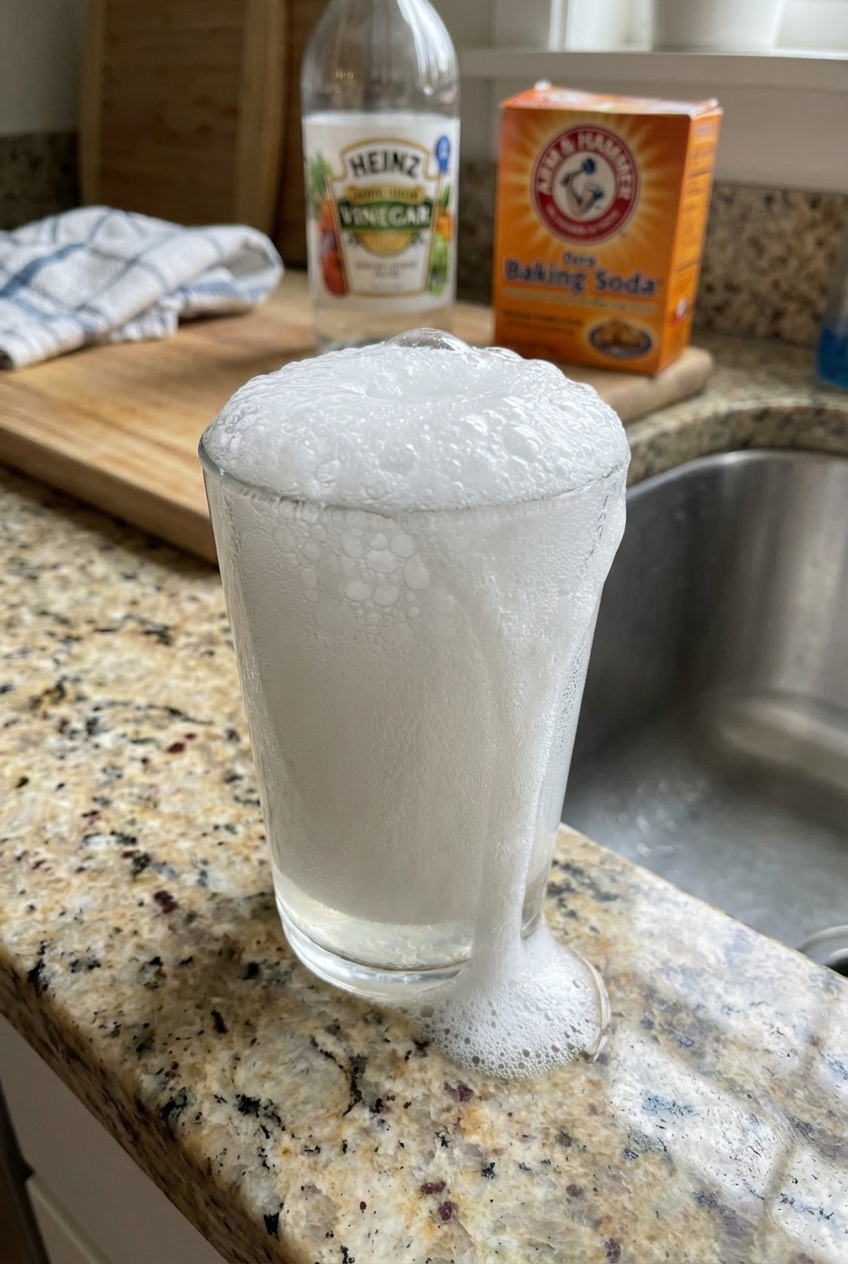 A real photo of baking soda and vinegar fizzing in a clear cup on a countertop