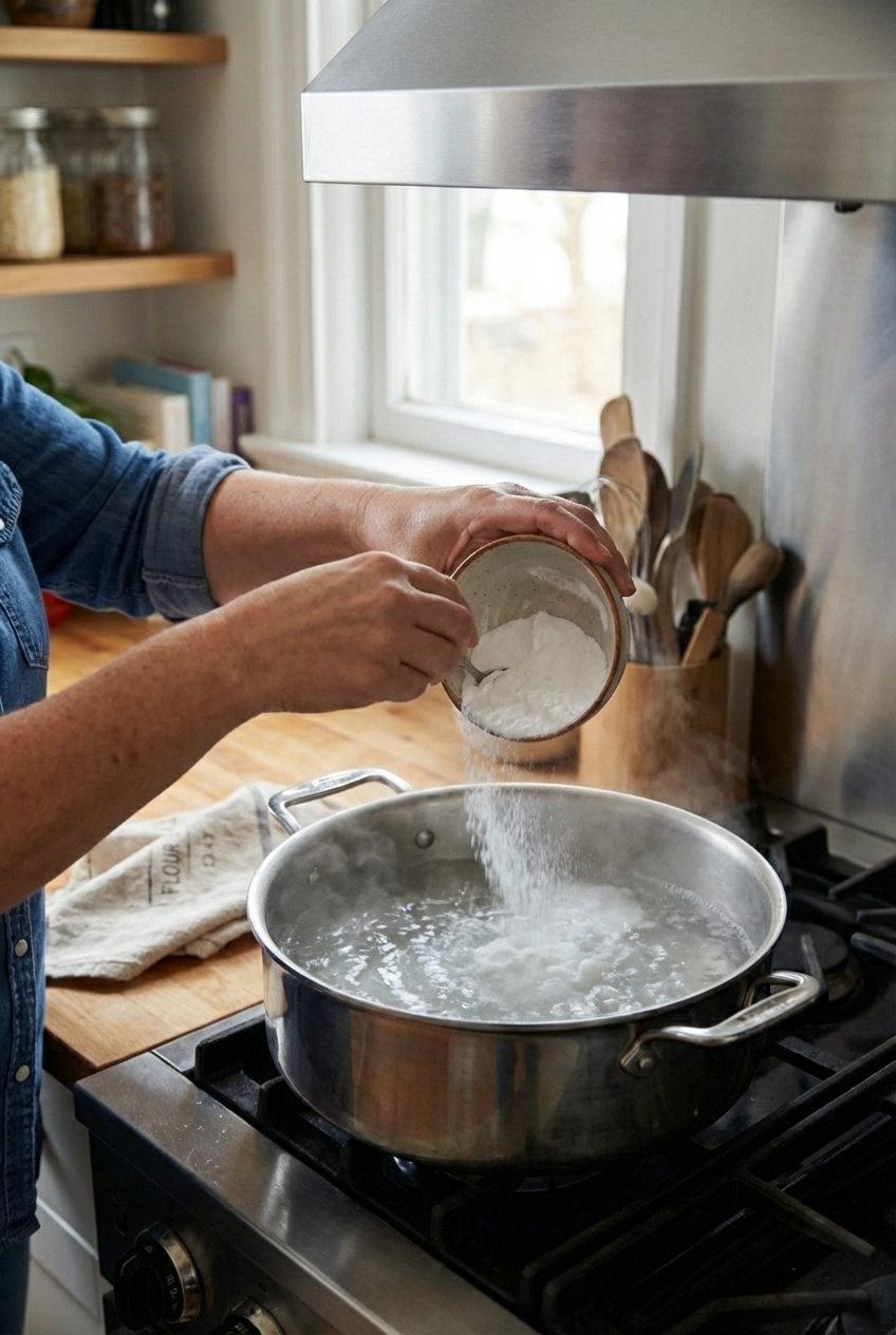A real photo of baking soda being poured into a wide pot of simmering water on a stovetop