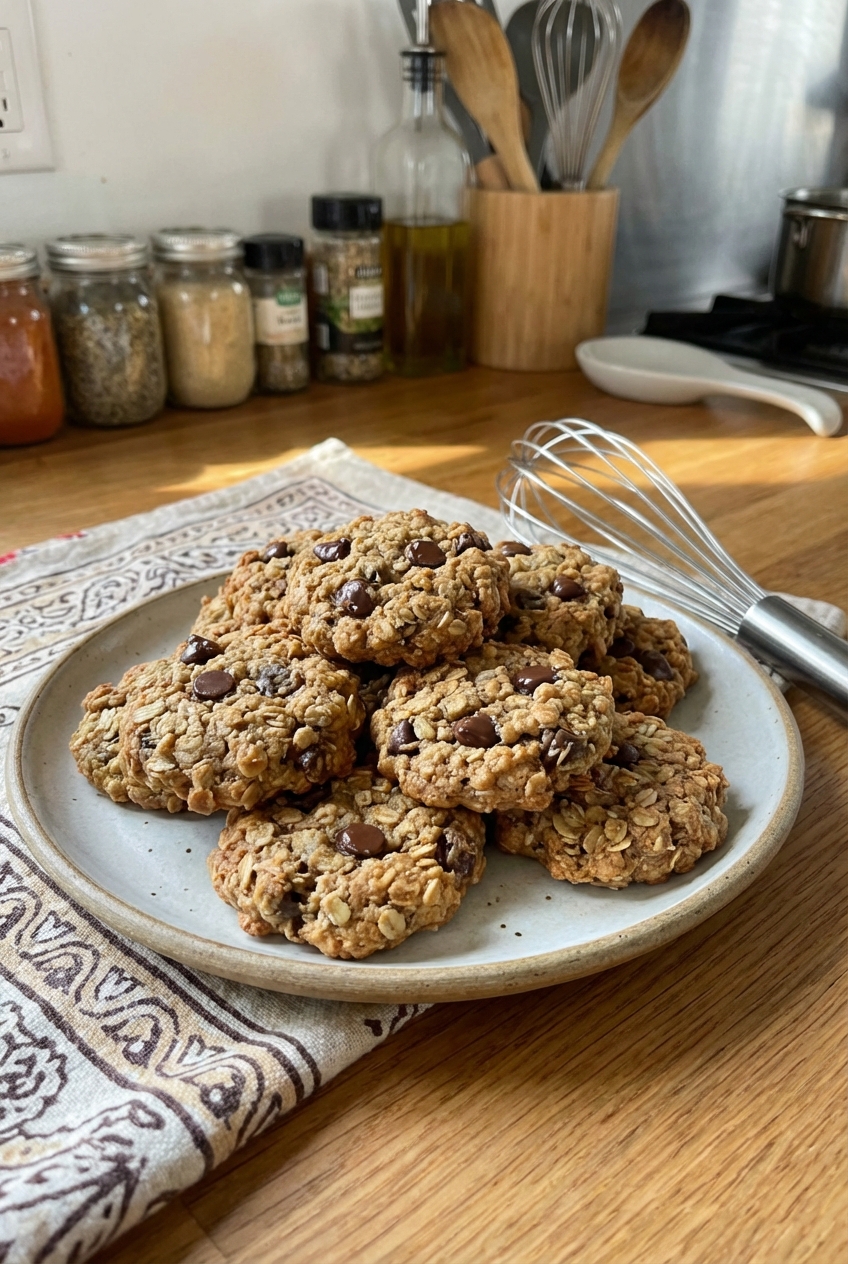 A real photo of banana oat cookies stacked on a plate with a few chocolate chips visible
