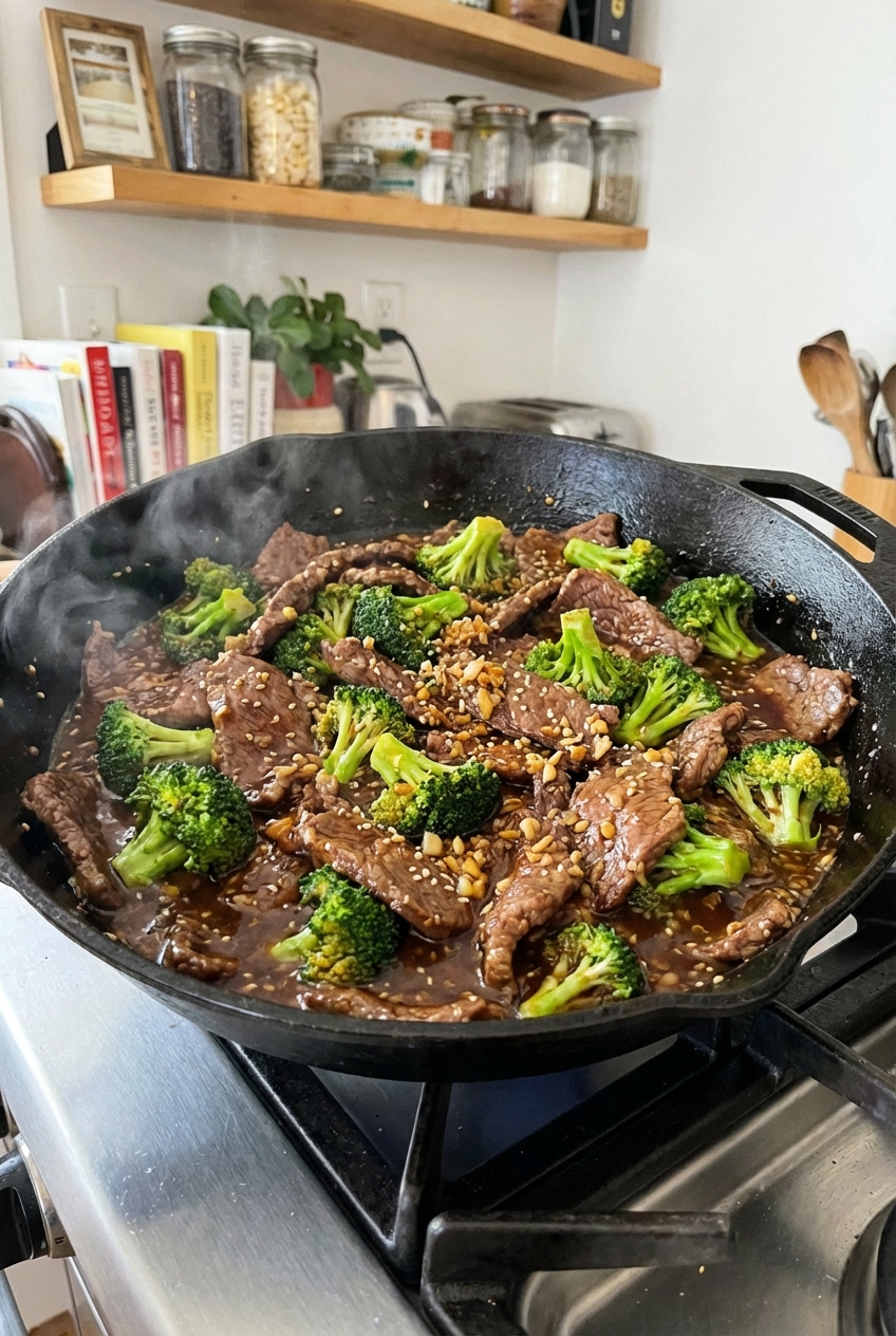 A real photo of beef and broccoli in a skillet with glossy sauce