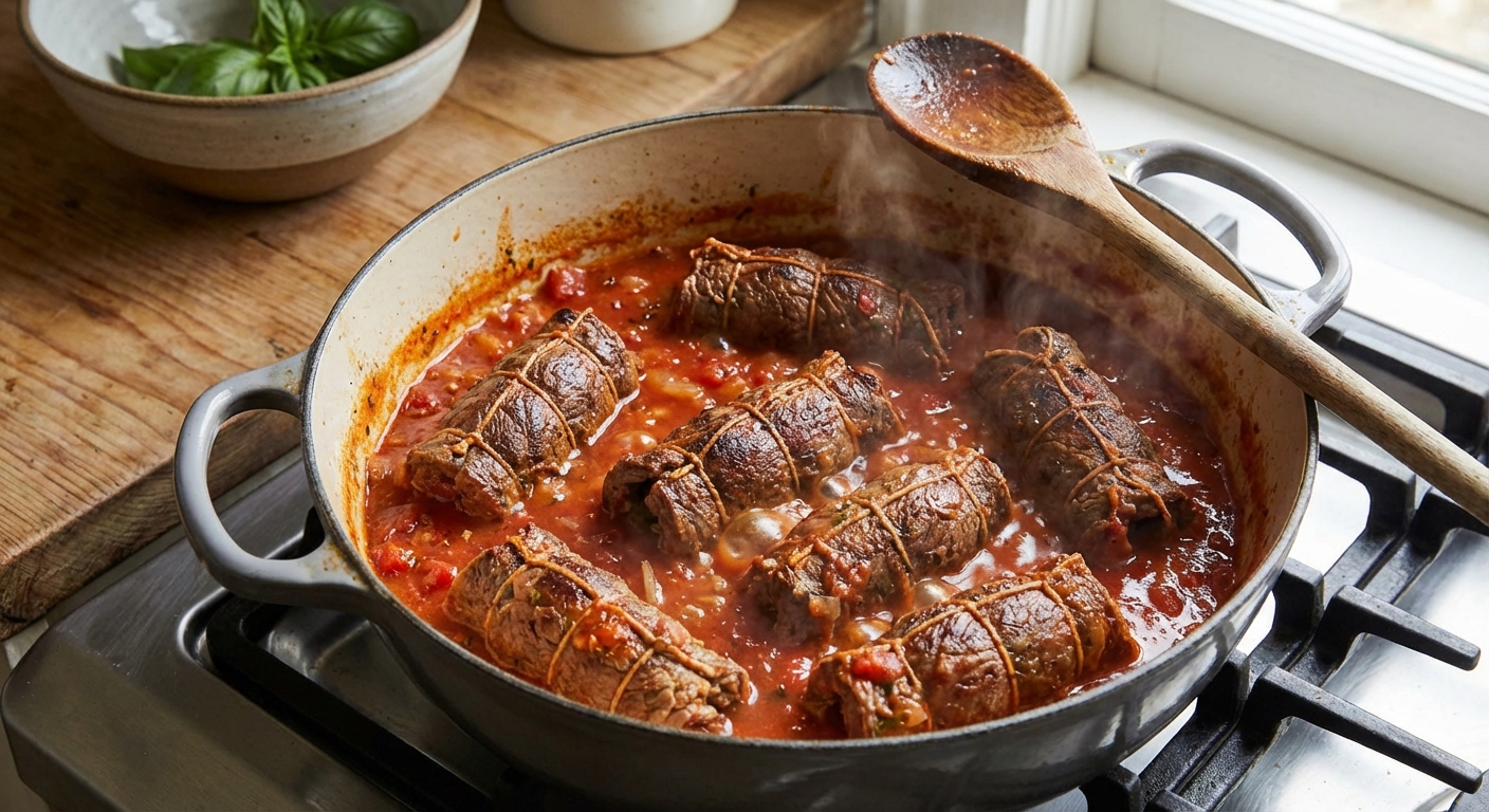 A real photo of beef braciole rolls simmering in a tomato sauce in a Dutch oven with a wooden spoon nearby