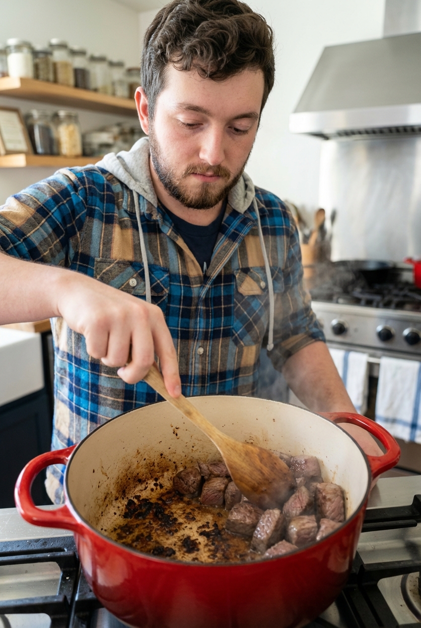 A real photo of beef cubes browning in a Dutch oven with caramelized bits on the bottom