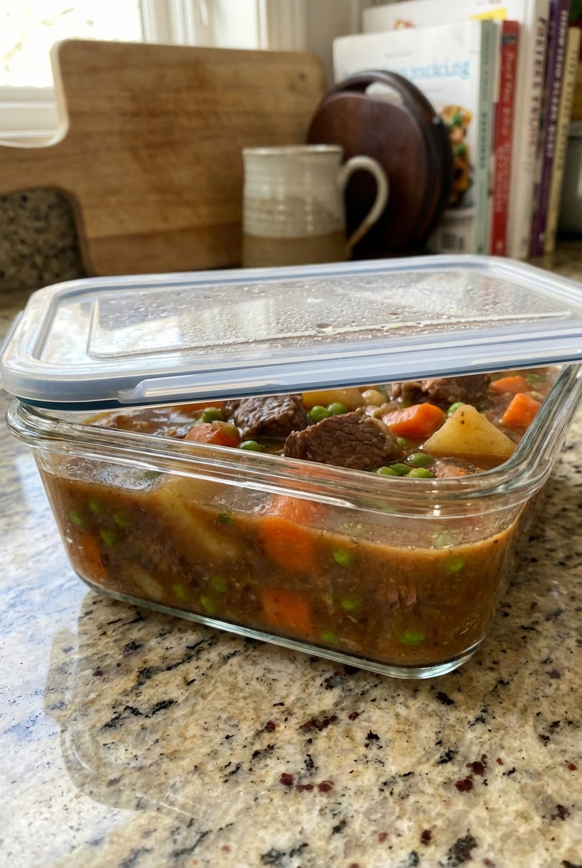 A real photo of beef stew in a glass meal prep container with a lid on a countertop