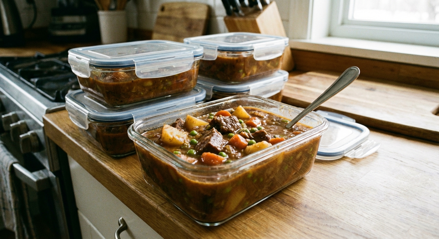 A real photo of beef stew in meal prep containers with one container open showing thick stew and a spoon