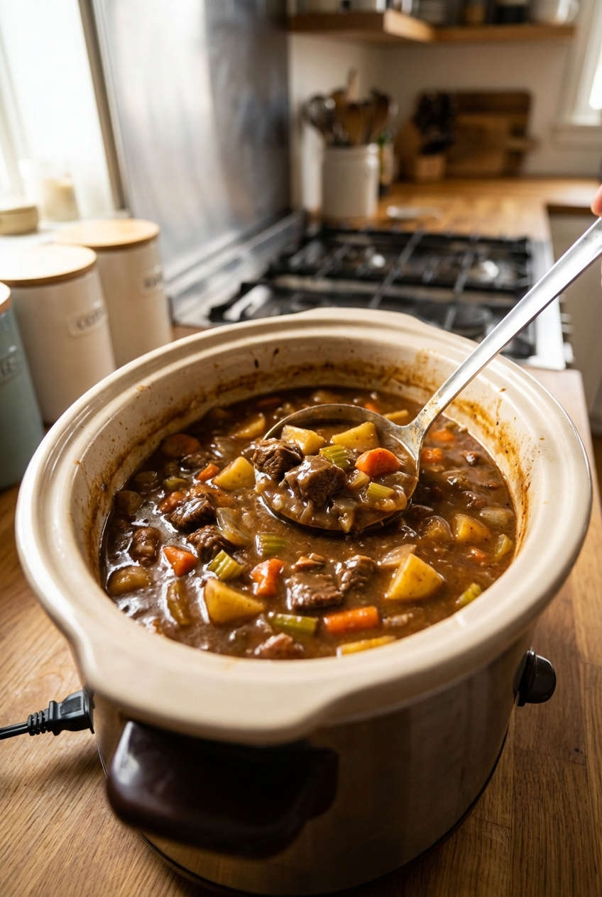 A real photo of beef stew simmering in a slow cooker insert with a ladle stirring thick gravy and vegetables