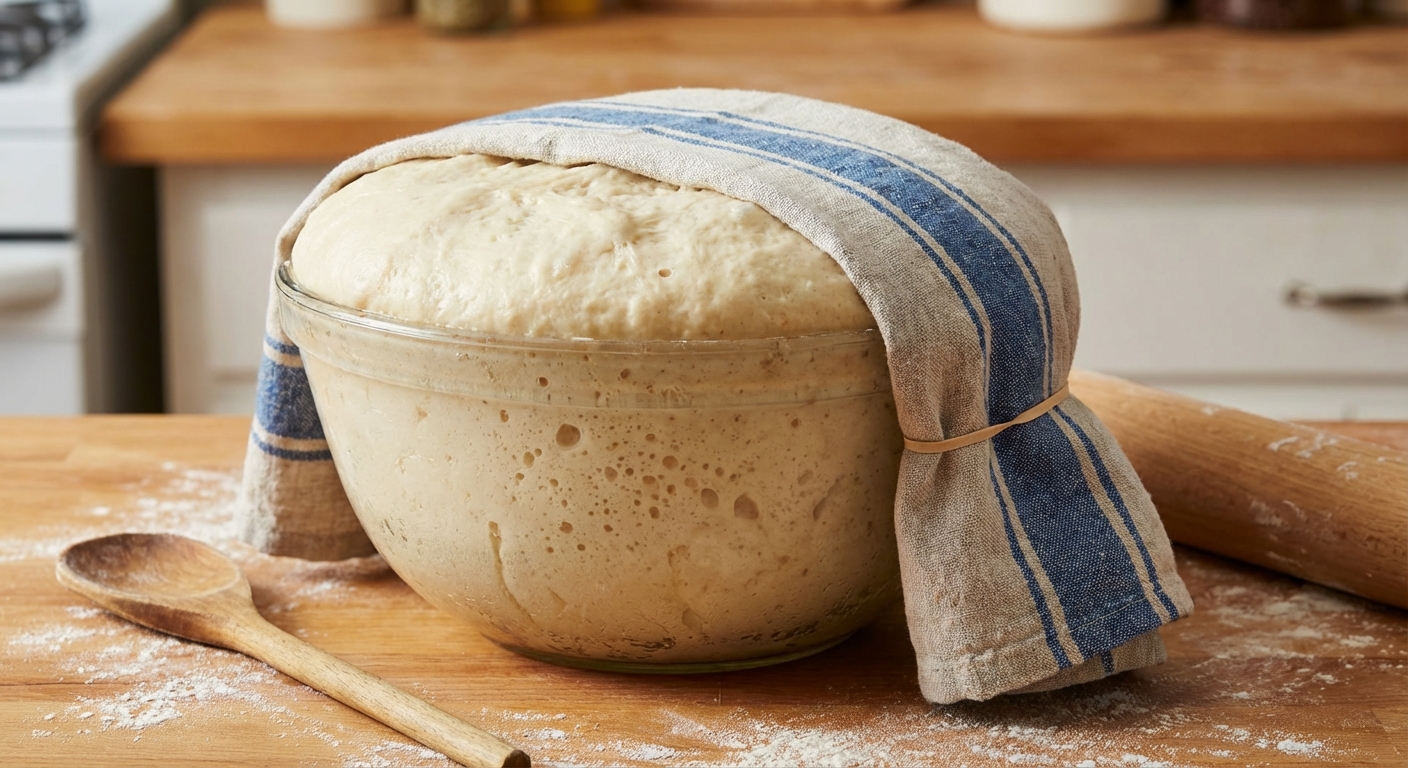 A real photo of beignet dough doubled in size in a glass bowl covered with a towel