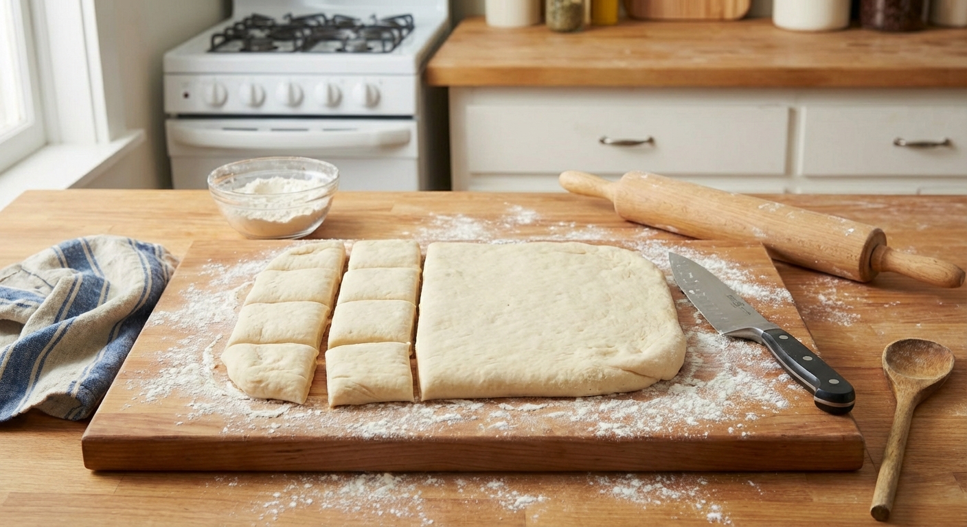 A real photo of beignet dough rolled out on a lightly floured wooden board with a chef's knife nearby