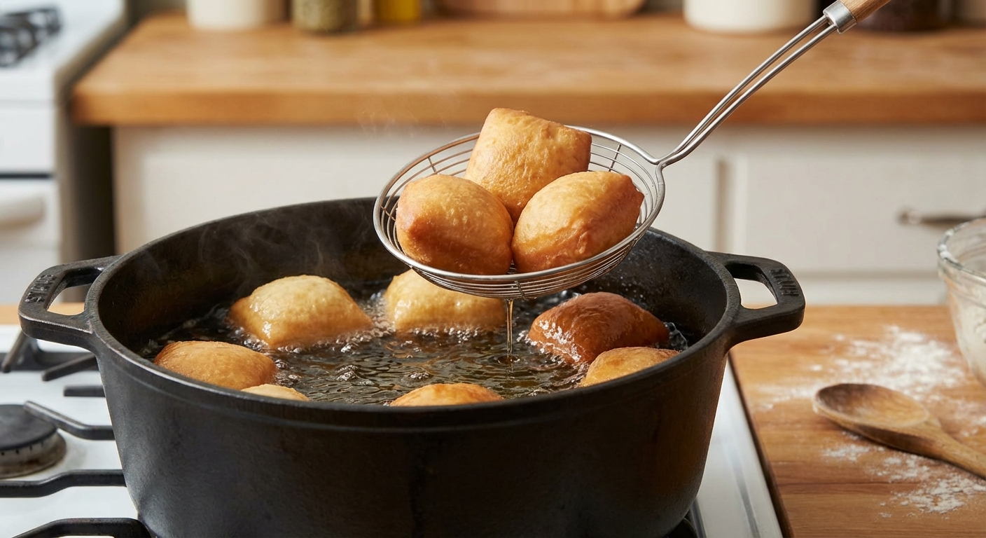 A real photo of beignets frying in hot oil in a Dutch oven with a spider strainer