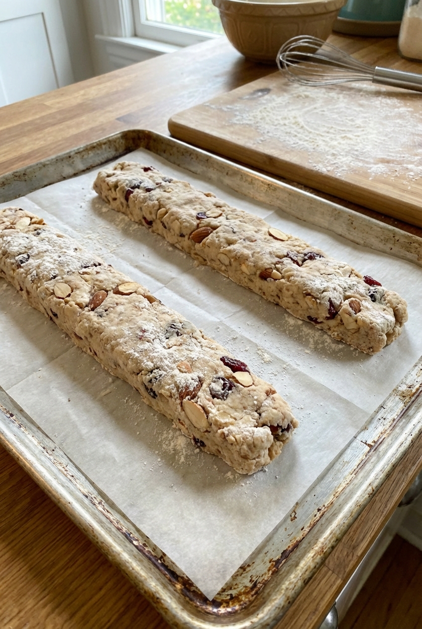 A real photo of biscotti dough shaped into two logs on a parchment-lined baking sheet before baking
