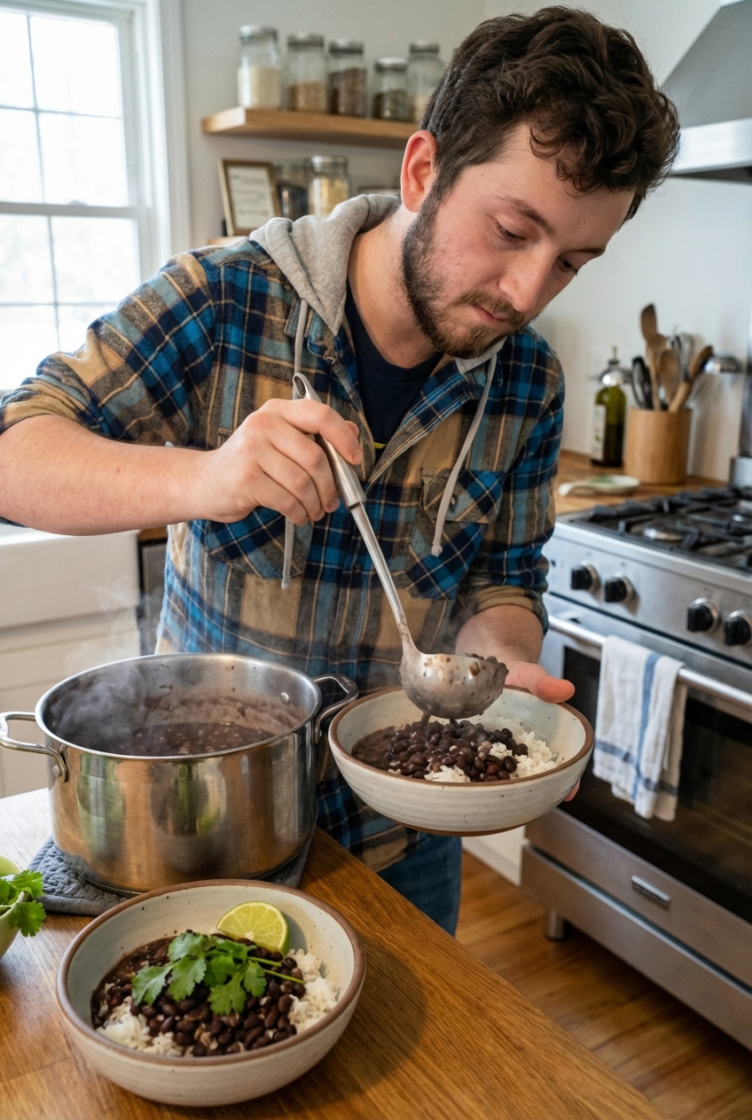 A real photo of black beans and rice being served into bowls with a lime wedge and cilantro on top
