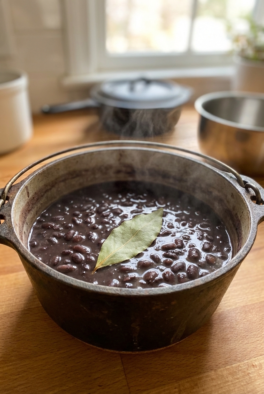 A real photo of black beans in a small pot with a bay leaf floating on top