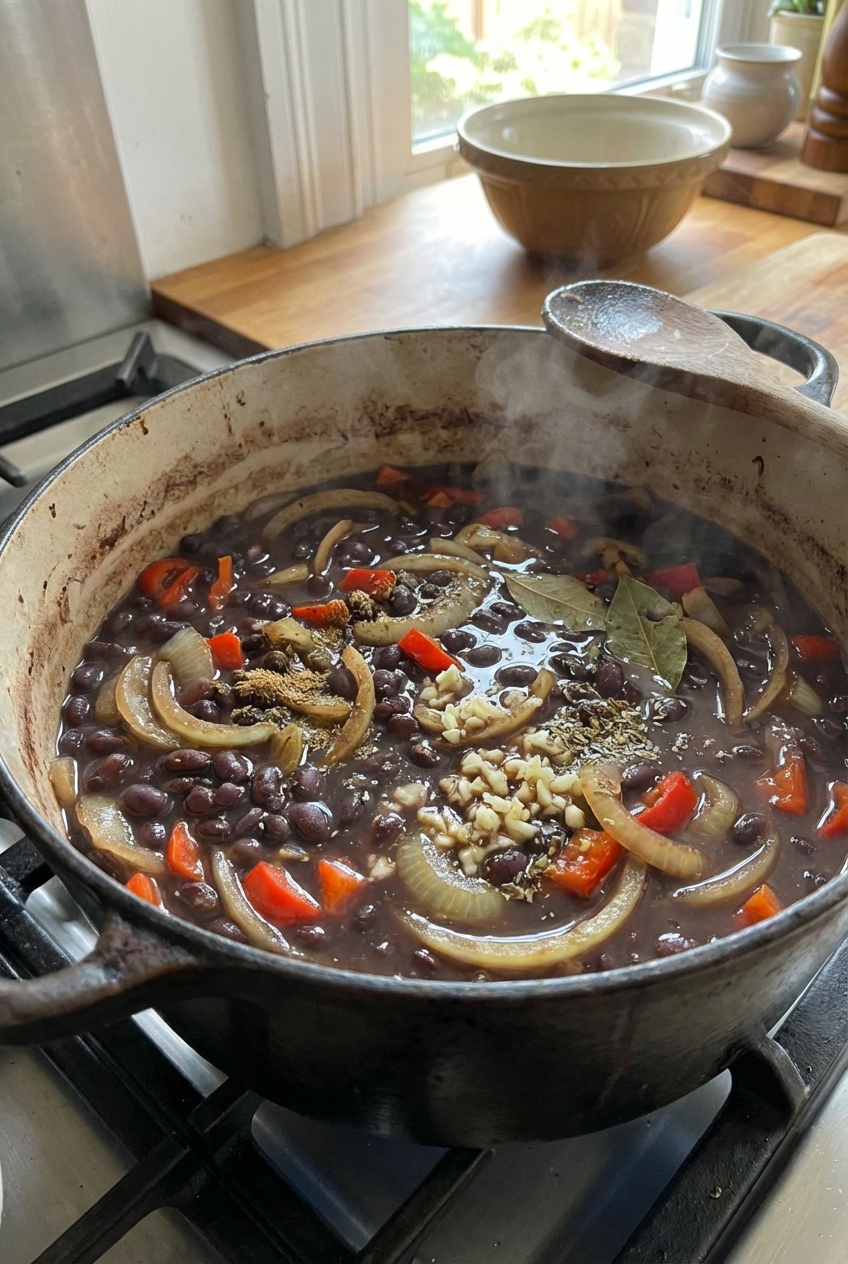 A real photo of black beans simmered in a pot with onions and spices