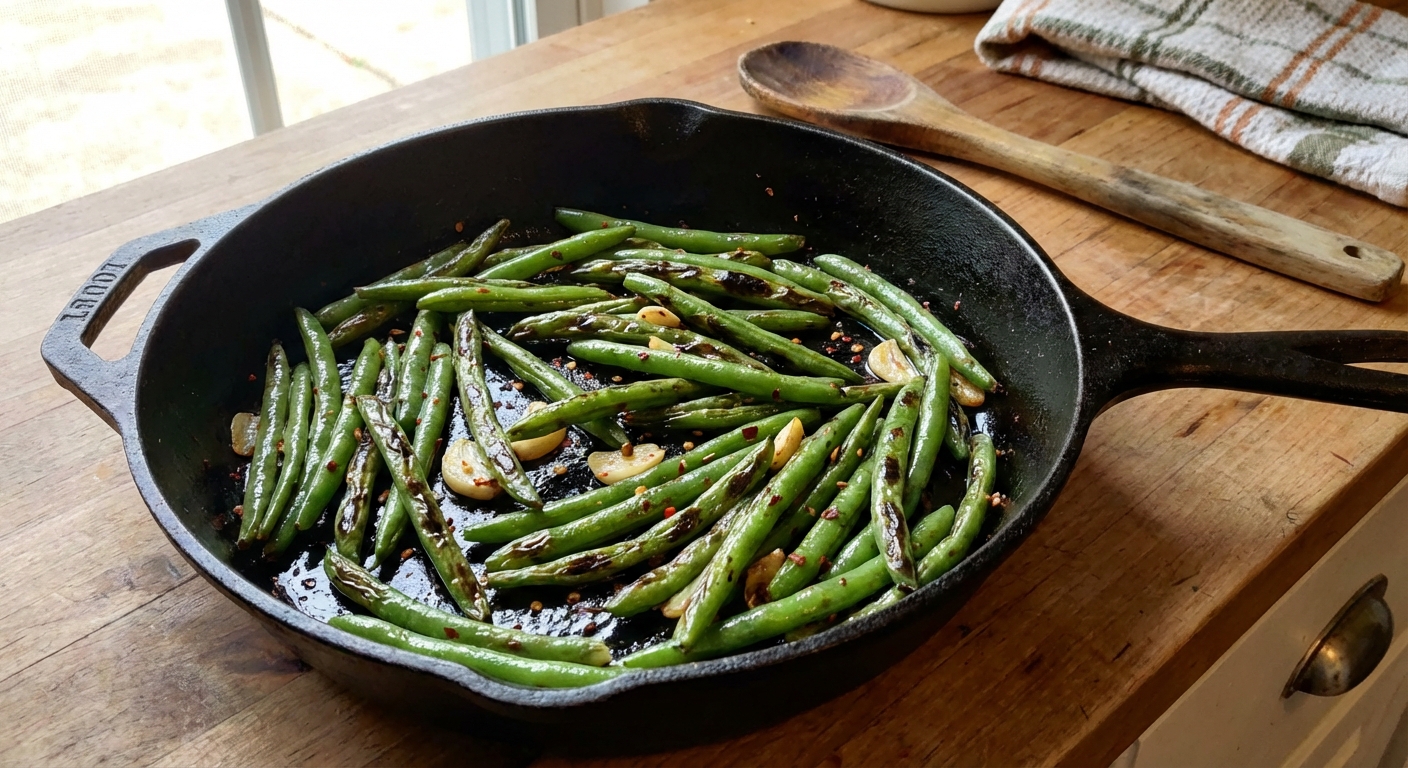 A real photo of blistered garlic green beans in a skillet