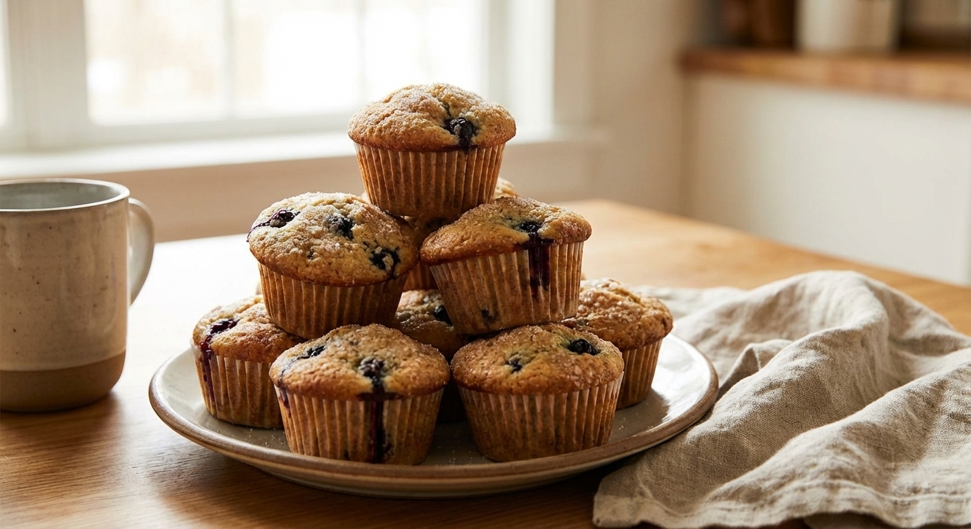 A real photo of blueberry muffins piled on a plate