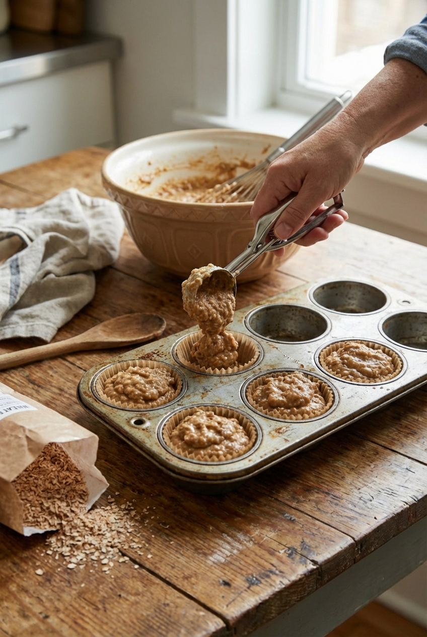 A real photo of bran muffin batter being spooned into a lined muffin tin on a kitchen counter