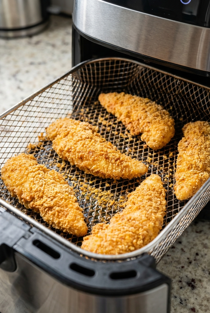 A real photo of breaded chicken tenders cooking in an air fryer basket with golden crumbs