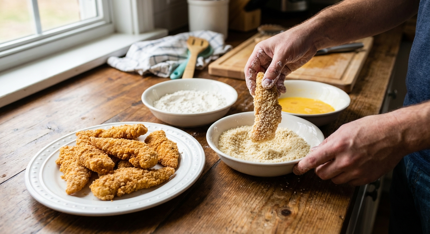 A real photo of breaded chicken tenders on a plate next to bowls of flour, beaten eggs, and panko breadcrumbs