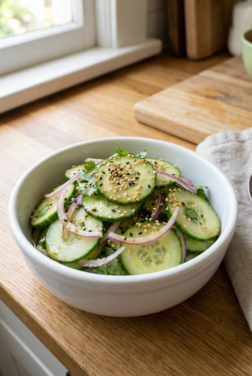 A real photo of bright cucumber salad with sesame seeds in a small white bowl