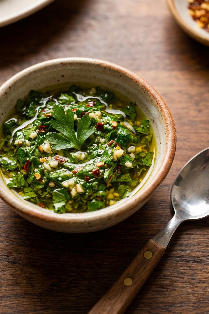 A real photo of bright green chimichurri in a small bowl with visible chopped parsley, garlic, and red pepper flakes, sitting next to a spoon