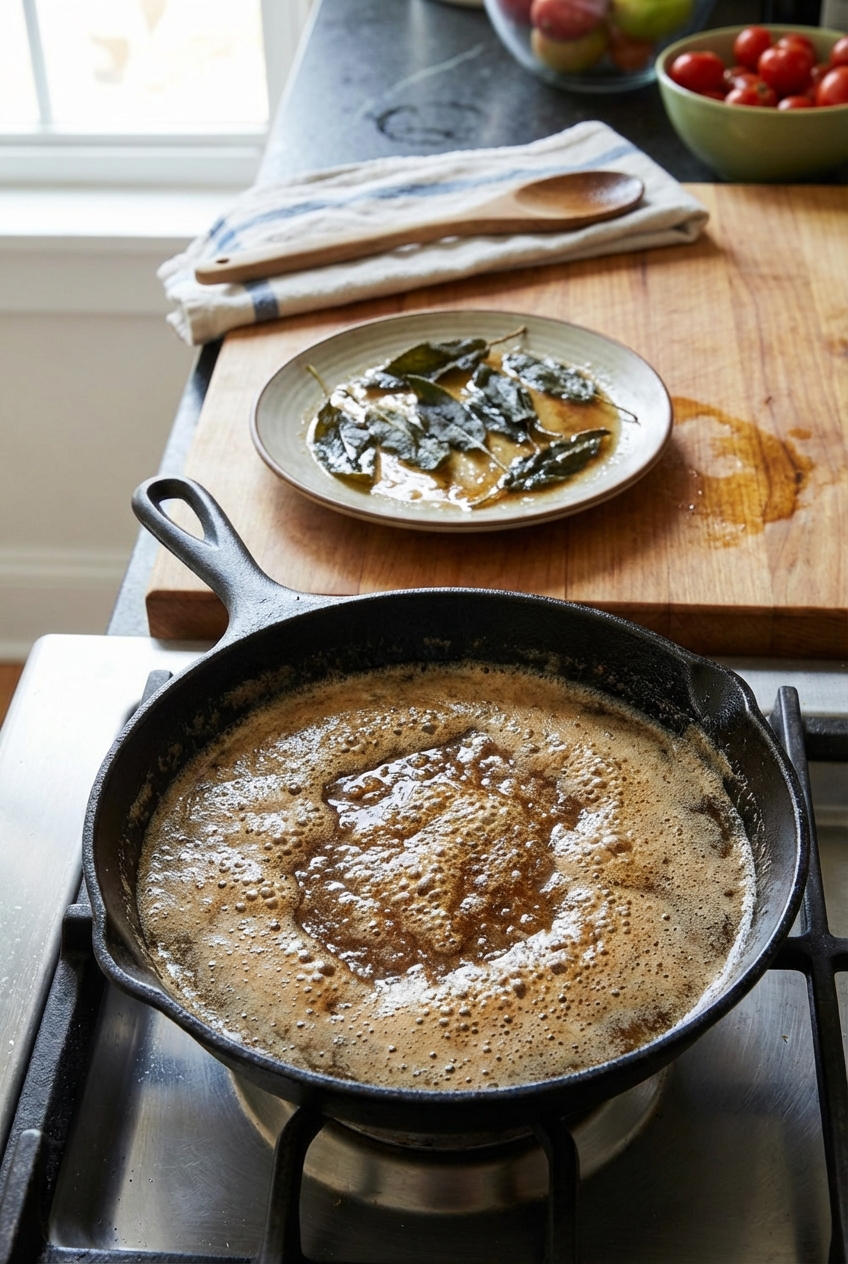 A real photo of browned butter bubbling in a small skillet, with sage leaves crisped and set aside