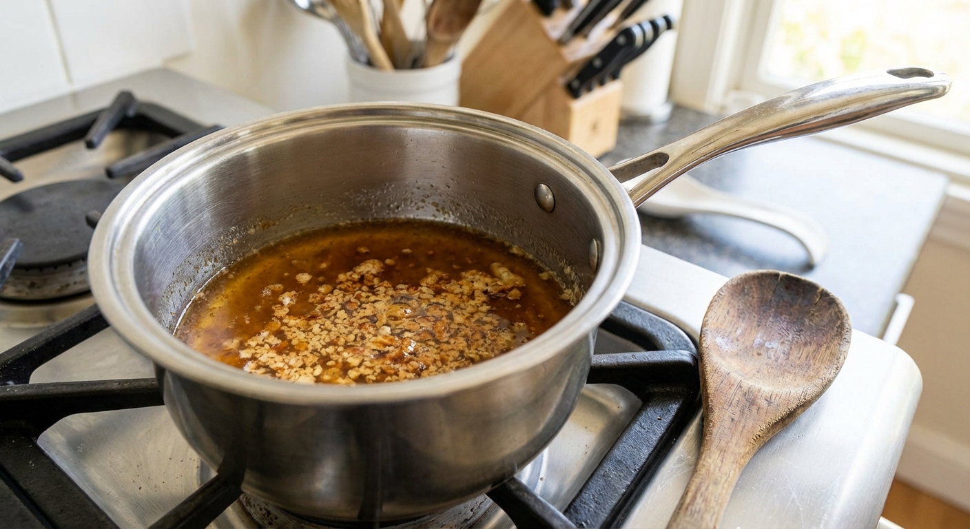 A real photo of browned butter in a small saucepan with golden milk solids at the bottom, sitting on a stovetop with a wooden spoon nearby