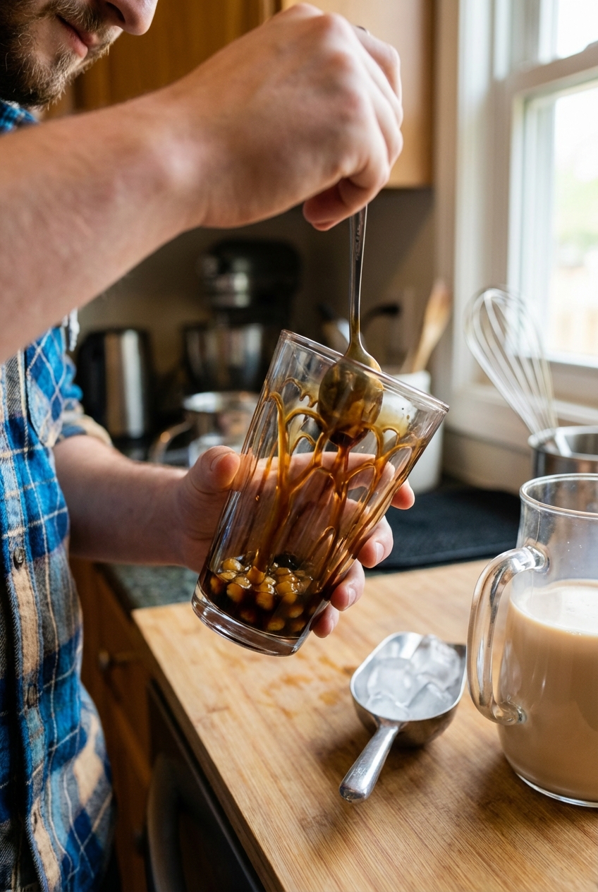 A real photo of bubble tea being assembled with brown sugar syrup <!-- inpage-recommendation:1556 -->swirled inside a glass before adding ice and milk tea