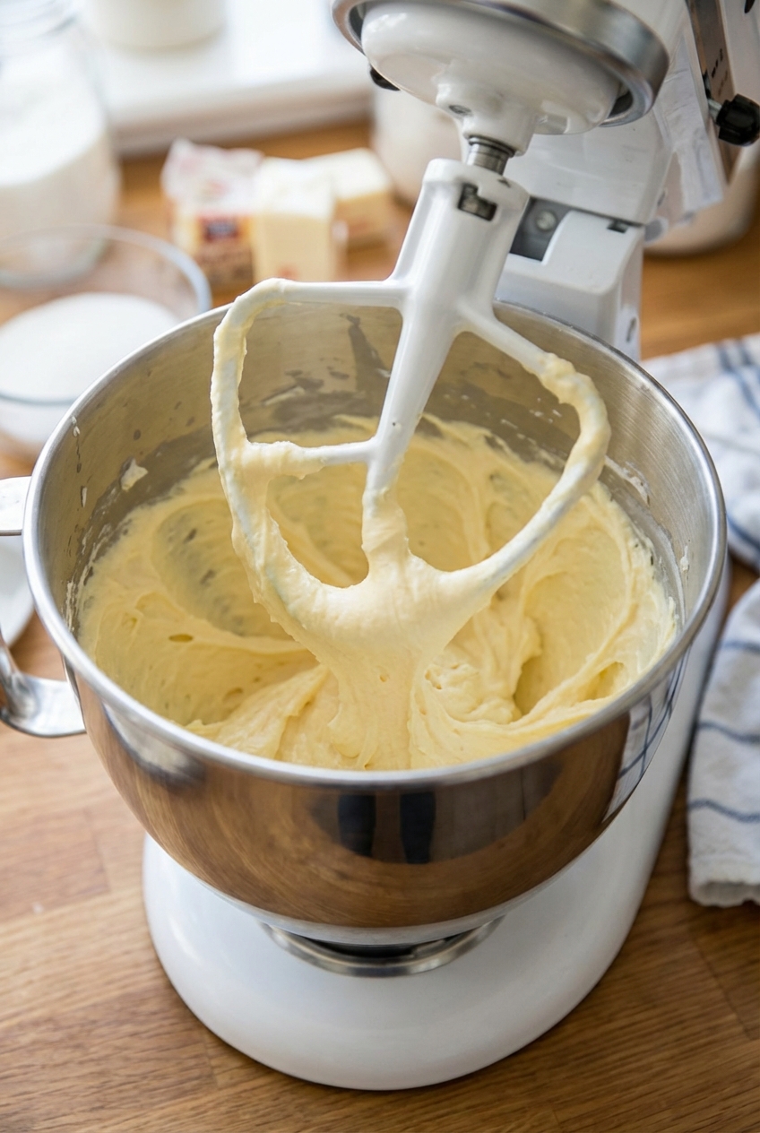 A real photo of buttercream being whipped in a stand mixer bowl with a paddle attachment