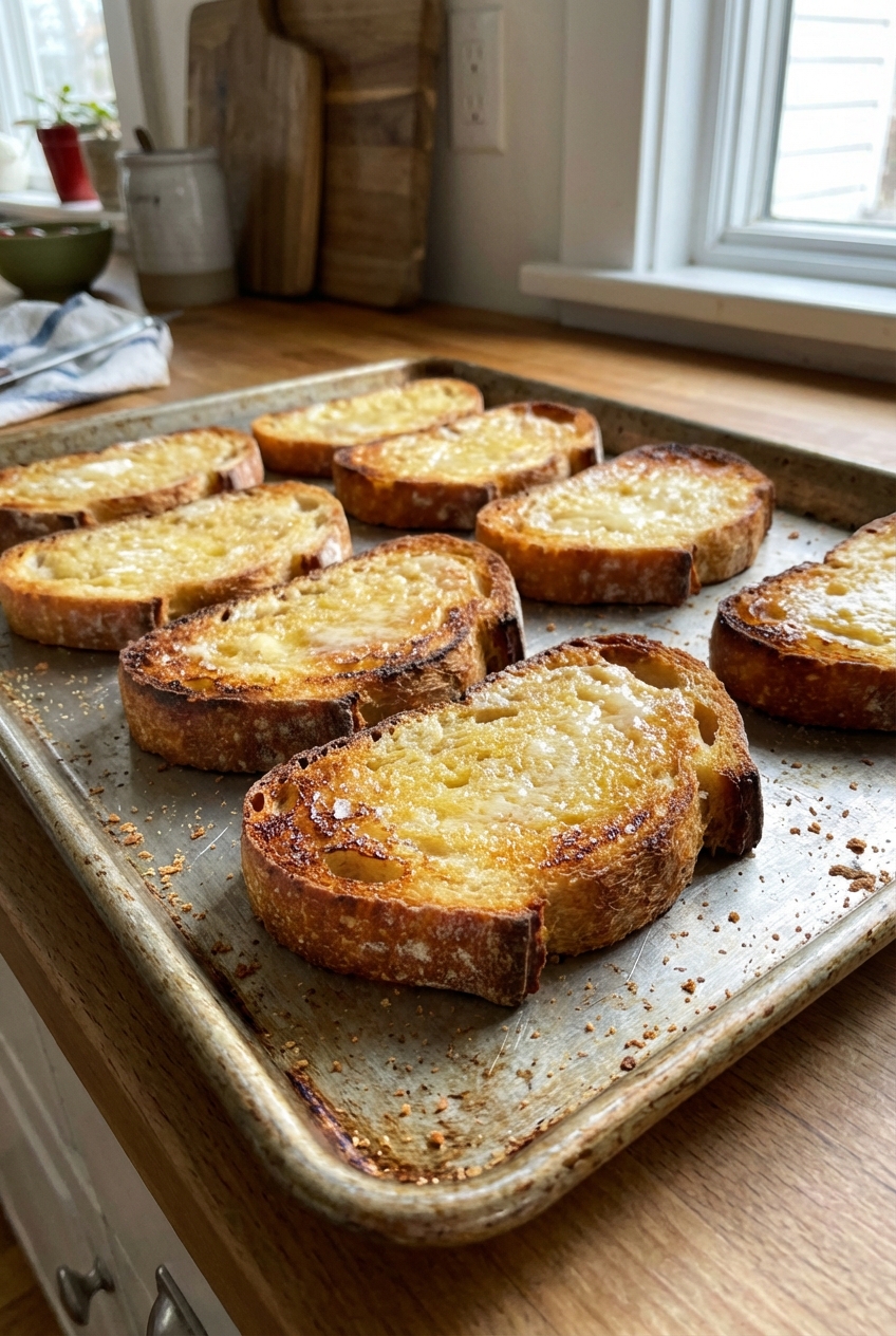 A real photo of buttered crusty bread slices toasted until golden on a sheet pan