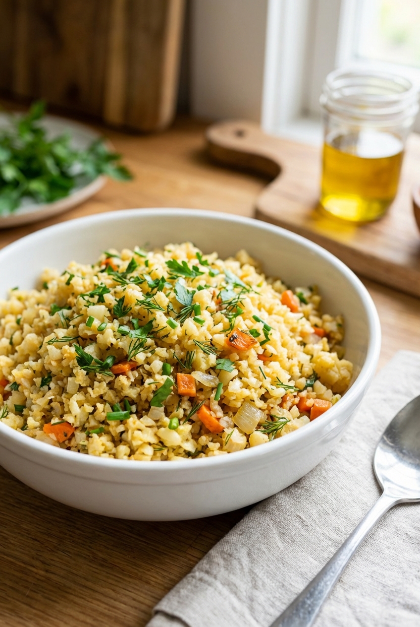 A real photo of cauliflower rice pilaf with herbs in a white bowl