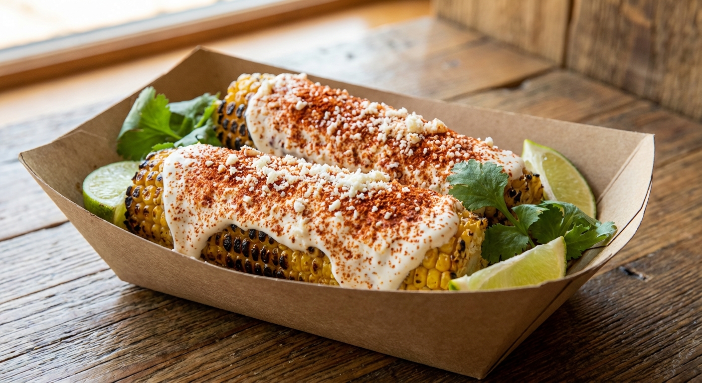 A real photo of charred corn elote in a tray with crema, chili powder, and lime