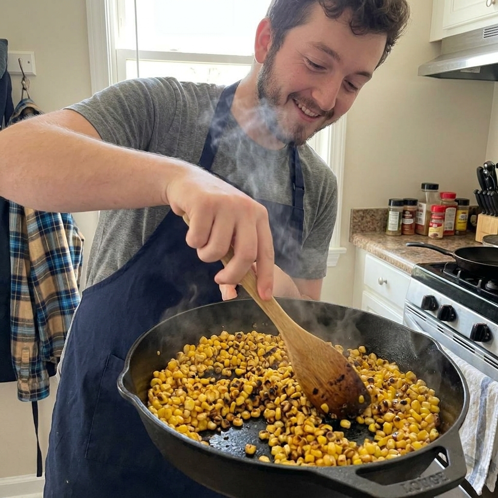 A real photo of charred corn kernels sizzling in a skillet with a wooden spoon stirring, showing browned edges and steam rising