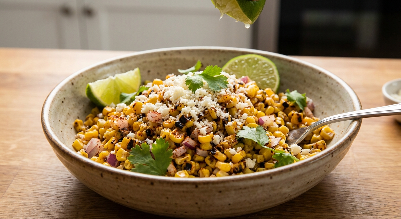 A real photo of charred corn salad with cotija and lime