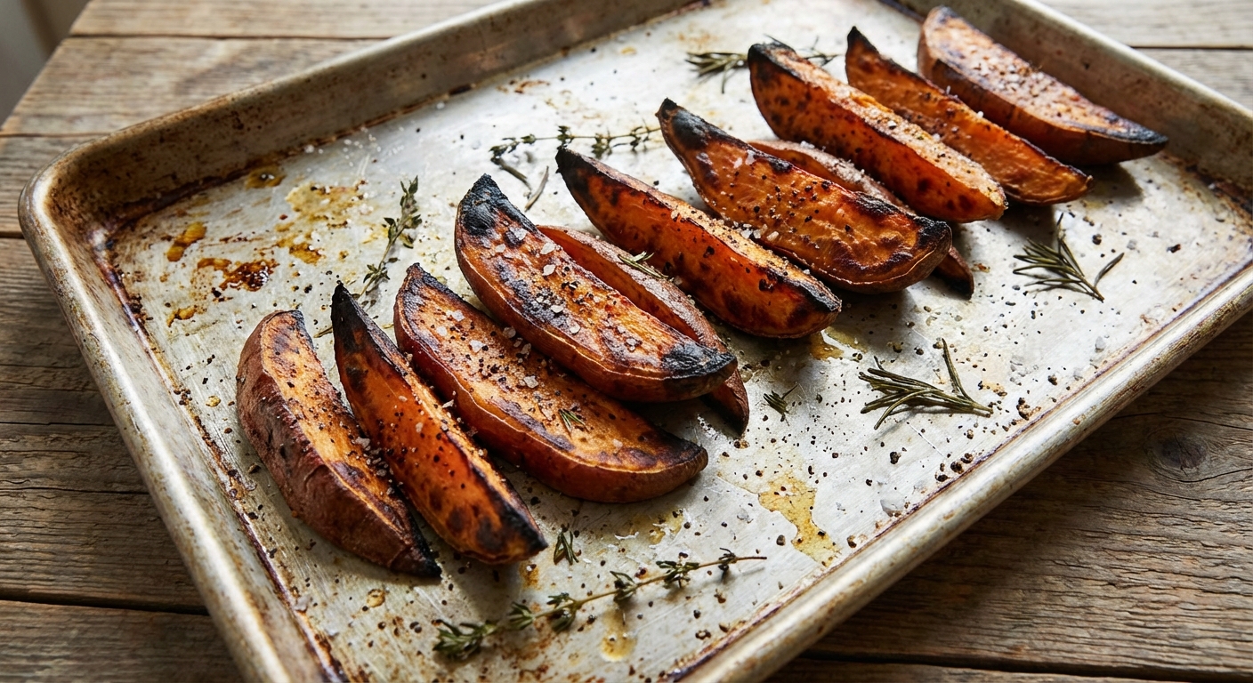 A real photo of charred roasted sweet potato wedges on a sheet pan