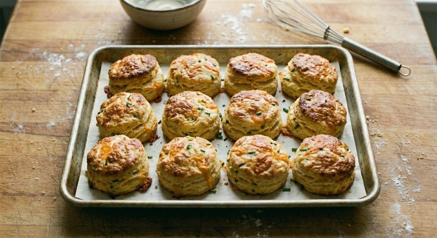 A real photo of cheddar chive biscuits on a sheet pan with browned tops