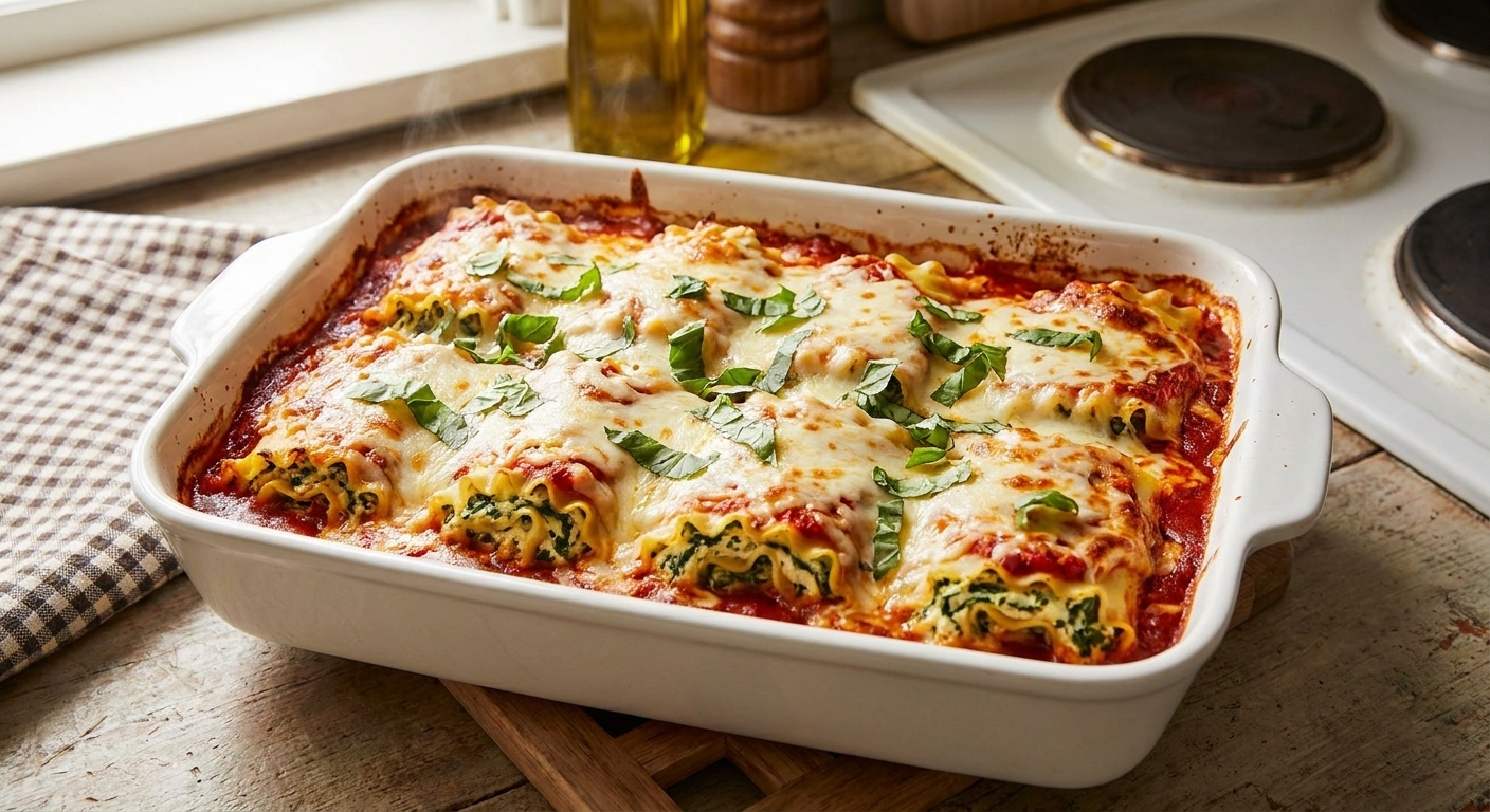 A real photo of cheesy lasagna roll-ups arranged in a white baking dish, nestled in marinara sauce and topped with melted mozzarella and chopped basil, fresh from the oven
