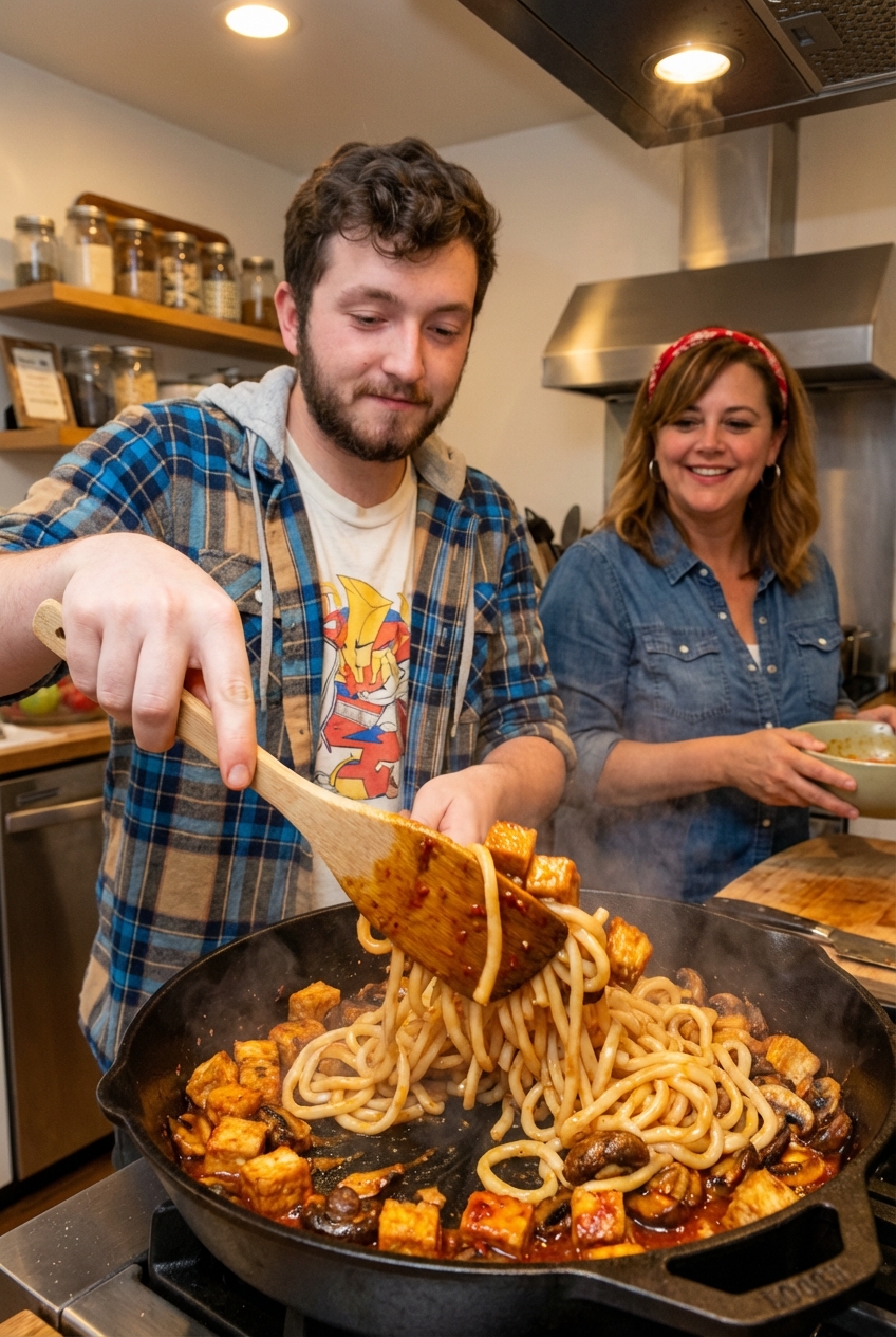 A real photo of chewy udon noodles being tossed in a skillet with crispy tofu cubes, browned mushrooms, and glossy red sauce