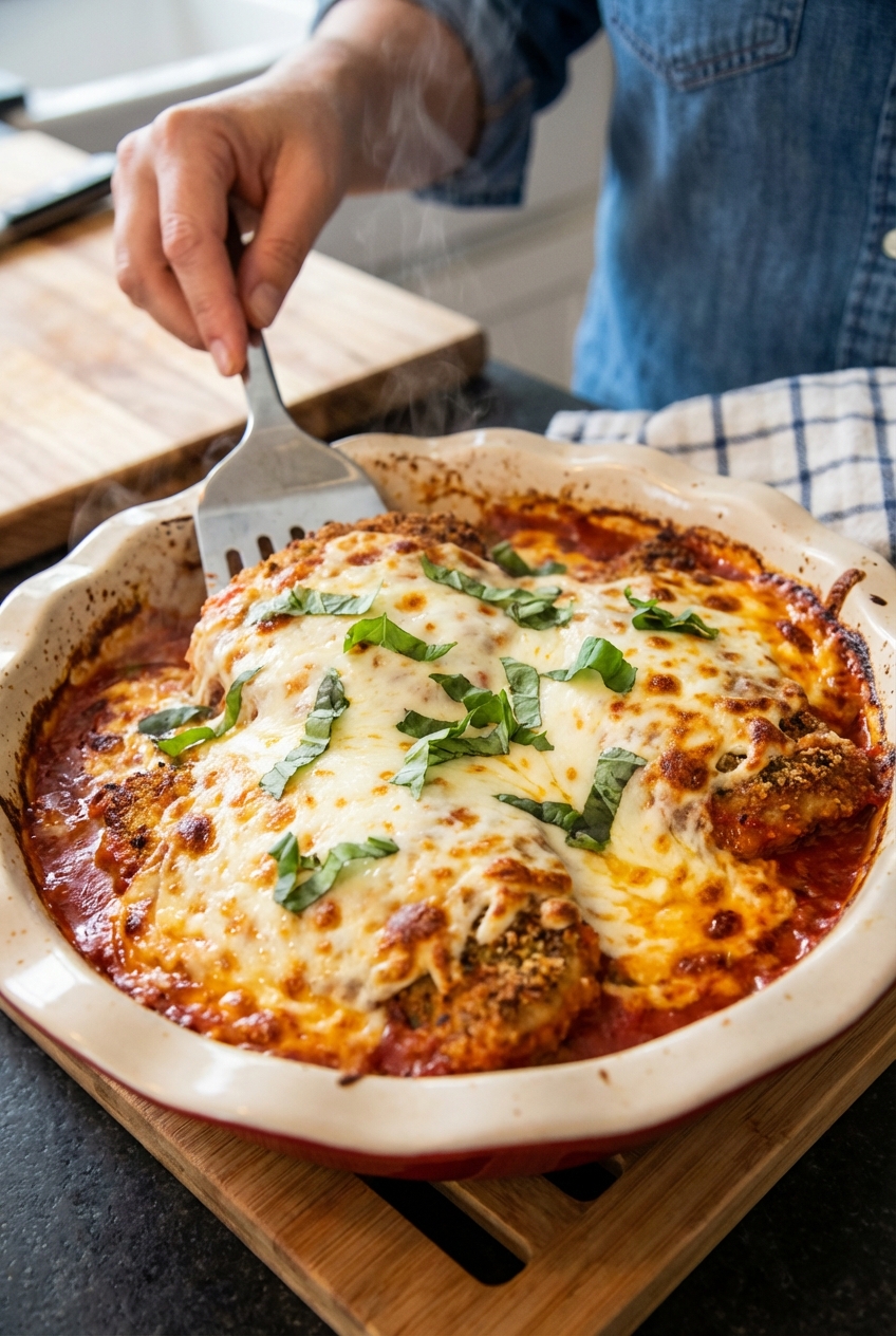 A real photo of chicken Parmesan just out of the oven with bubbling melted mozzarella and browned edges in a baking dish