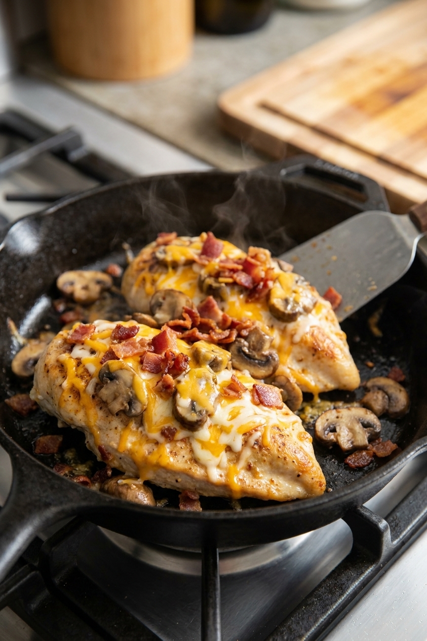 A real photo of chicken breasts in a skillet topped with sautéed mushrooms, crumbled bacon, and melted shredded cheese, just finished cooking