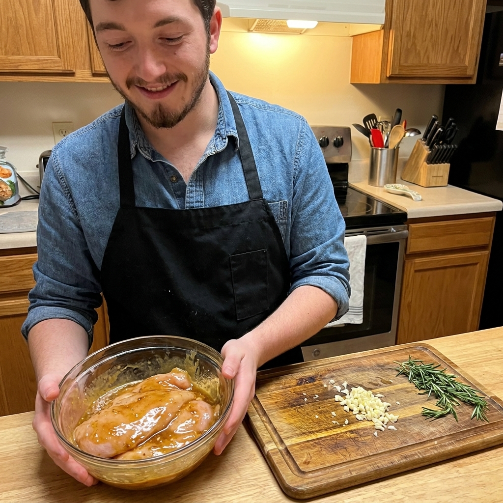 A real photo of chicken breasts marinating in a bowl with glossy honey mustard marinade, in a home kitchen with a cutting board nearby