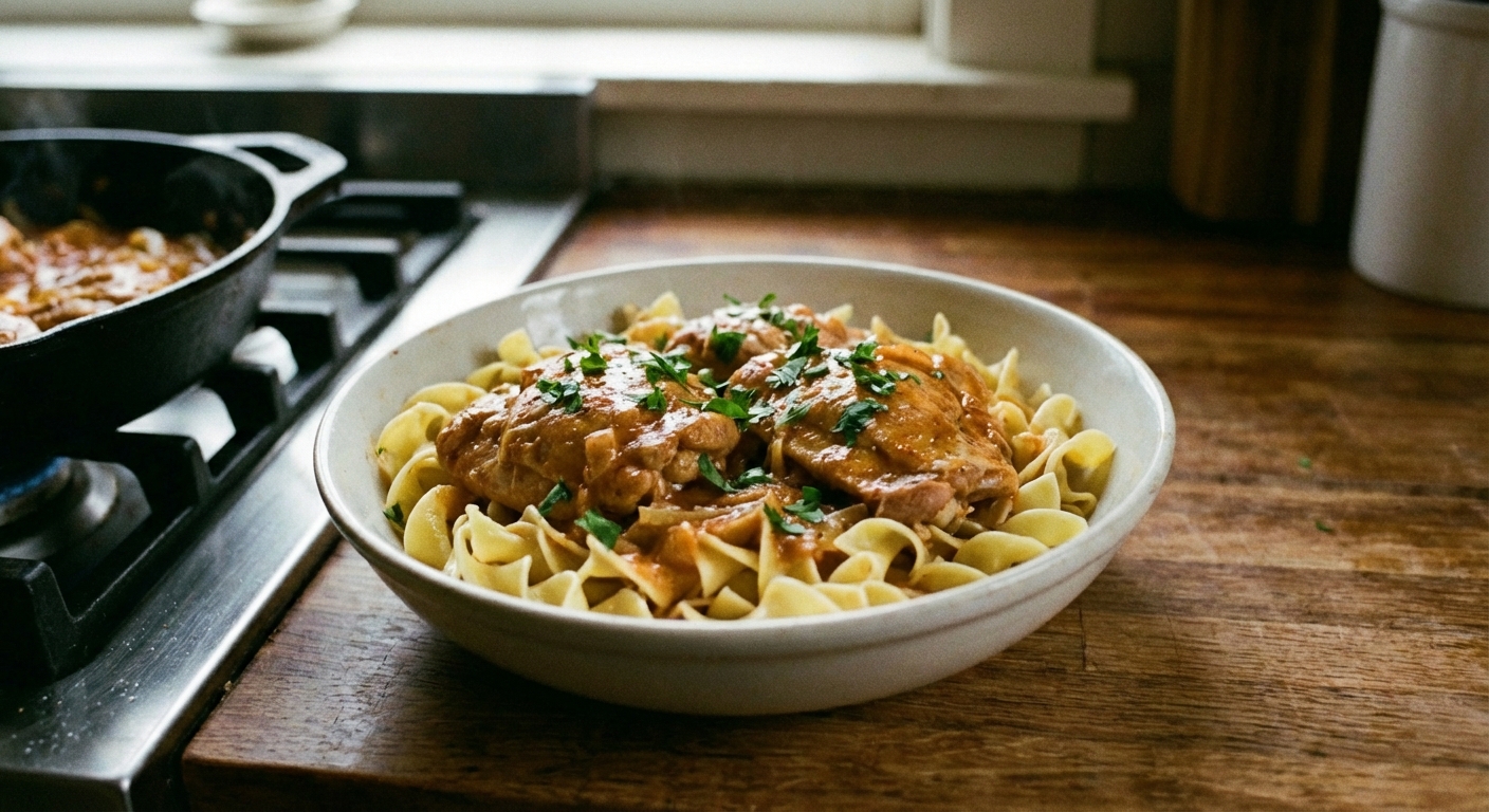 A real photo of chicken paprikash spooned over buttered egg noodles in a shallow bowl with parsley on top