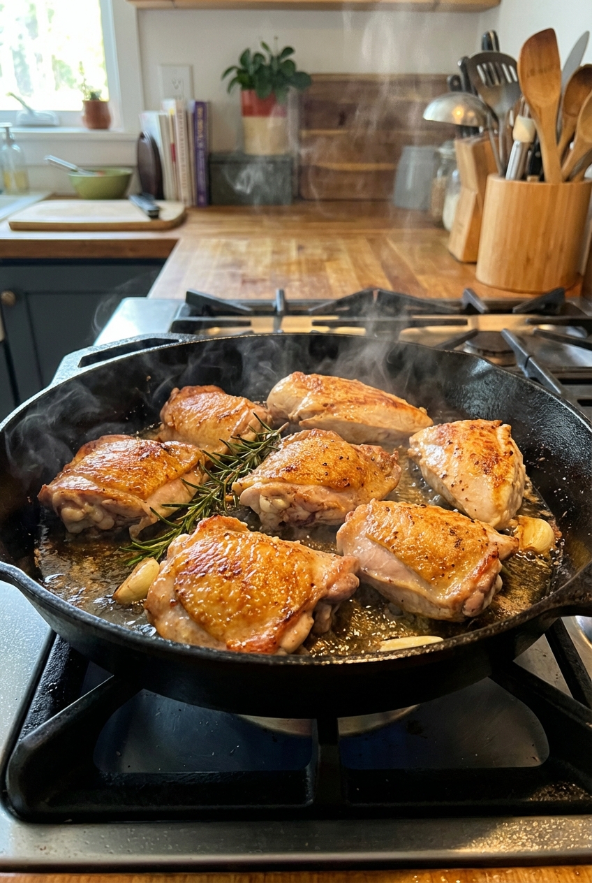 A real photo of chicken pieces being seared in a hot skillet until golden brown
