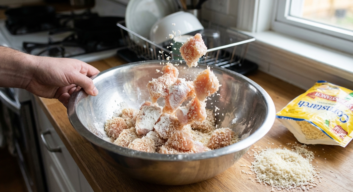 A real photo of chicken pieces being tossed in a bowl with cornstarch and panko coating